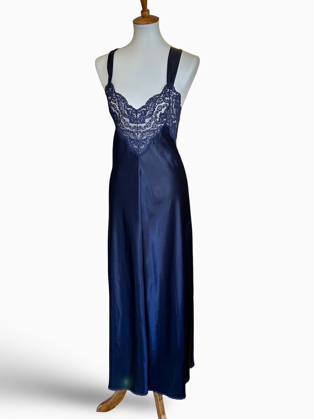 Vintage 70s 80s Vanity Fair Navy Blue Satin Slip Dress Gown Cross Back Lace M